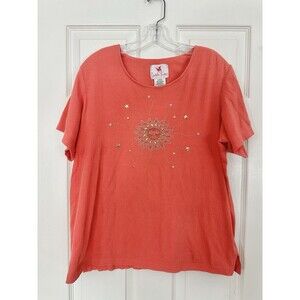 GREAT COND. Quacker Factory women’s peach sun embellished flowy top shirt LARGE